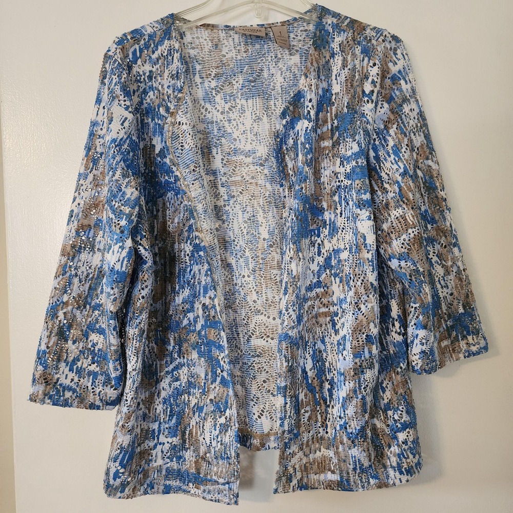 Open Front Sky Blue and Taupe Cardigan, Chicos Blouse, 3/4 Sleeve Top